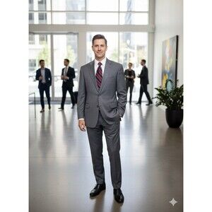 Jack Victor “Valencia” Men 2pc Suit Gray Subtle Plaid 100% Wool Sz 44R 38x31